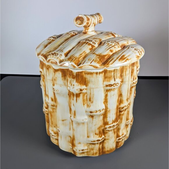 Vintage MCM Bamboo Design Ceramic Cookie Jar Canister Large - Picture 2 of 5